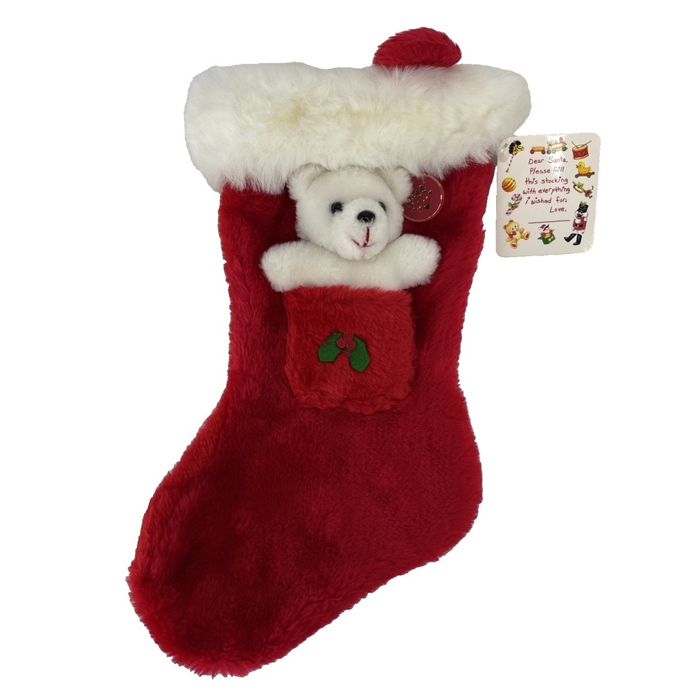 Vintage Russ‎ Berrie 14" Christmas Stocking 3D White Teddy Plush Bear Holly Tag